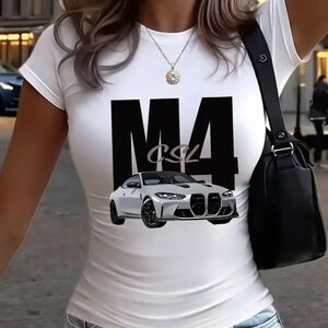 White Graphic Tee with Car Print